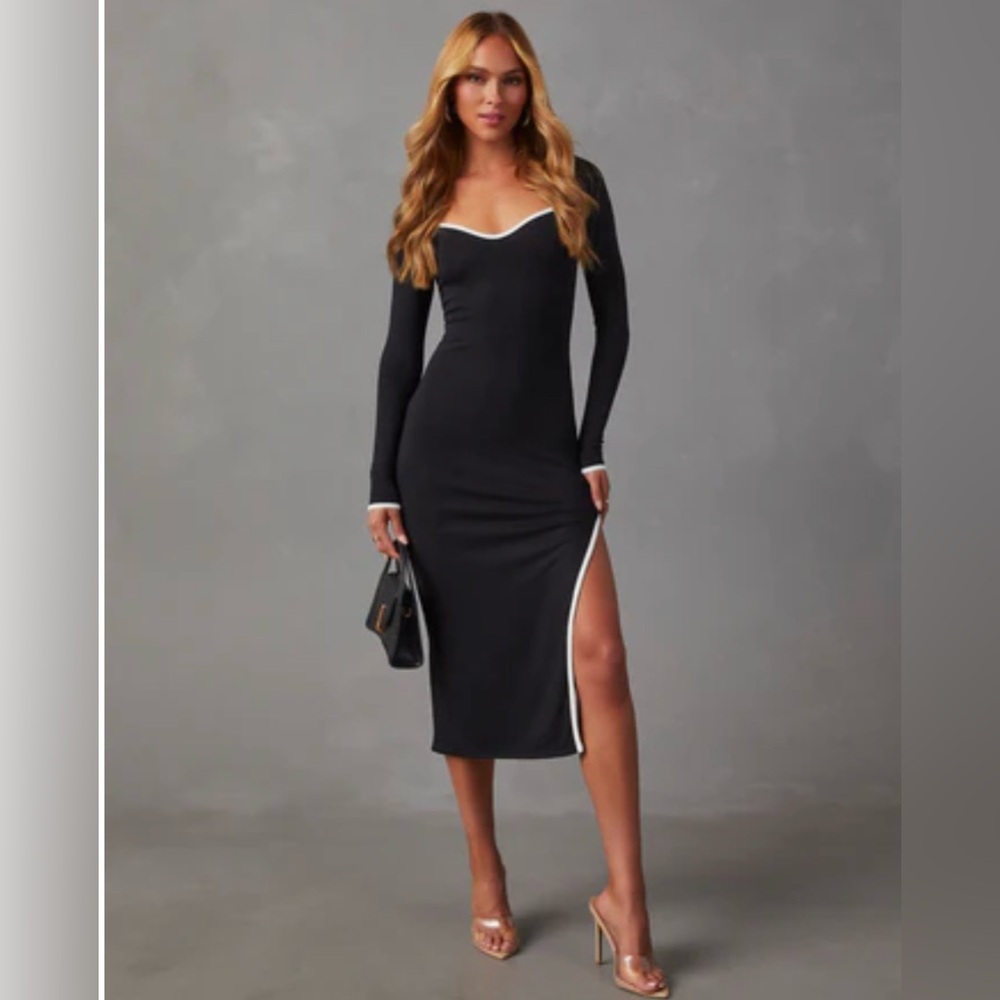 Vici Black Aura Knit Long Sleeve Midi Dress with White Trim